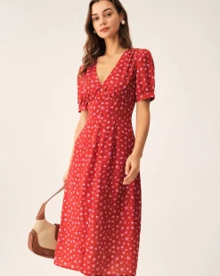 Red Polka Dot Ruched Midi Dress