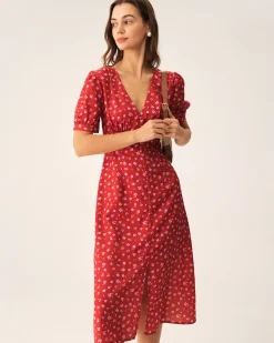 Red Polka Dot Ruched Midi Dress