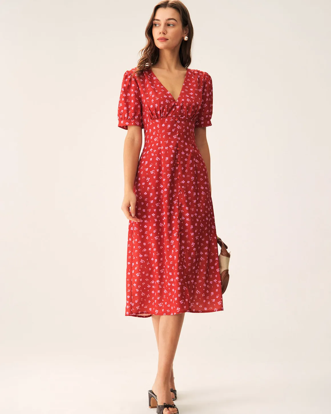 Red Polka Dot Ruched Midi Dress
