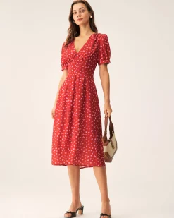 Red Polka Dot Ruched Midi Dress