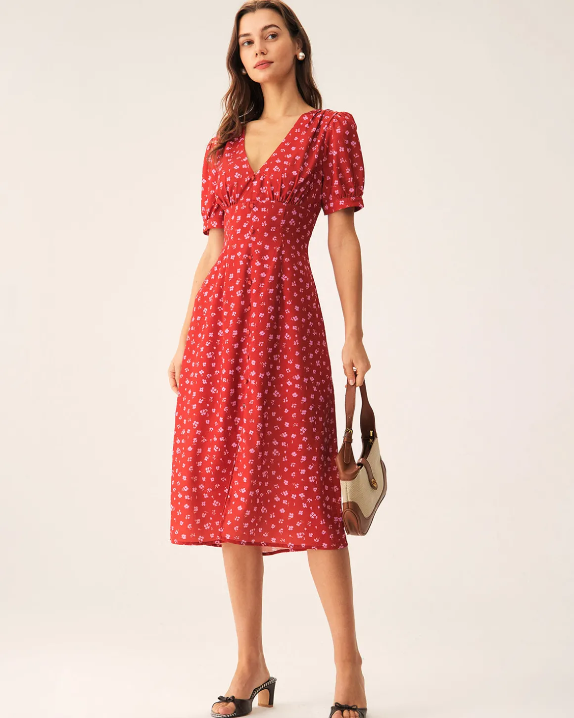 Red Polka Dot Ruched Midi Dress