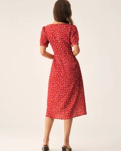 Red Polka Dot Ruched Midi Dress