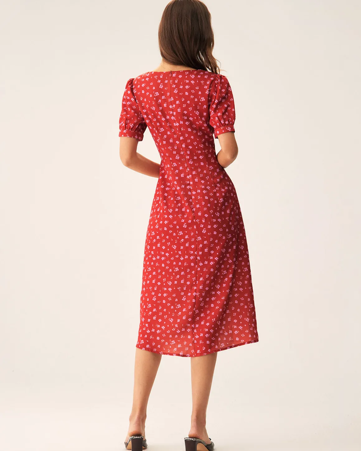 Red Polka Dot Ruched Midi Dress