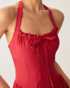 Red Ruched Halter Midi Dress