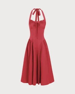 Red Ruched Halter Midi Dress