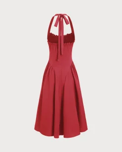 Red Ruched Halter Midi Dress