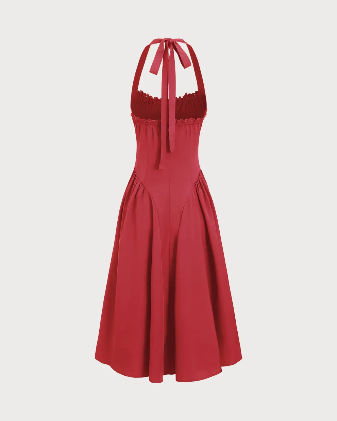 Red Ruched Halter Midi Dress