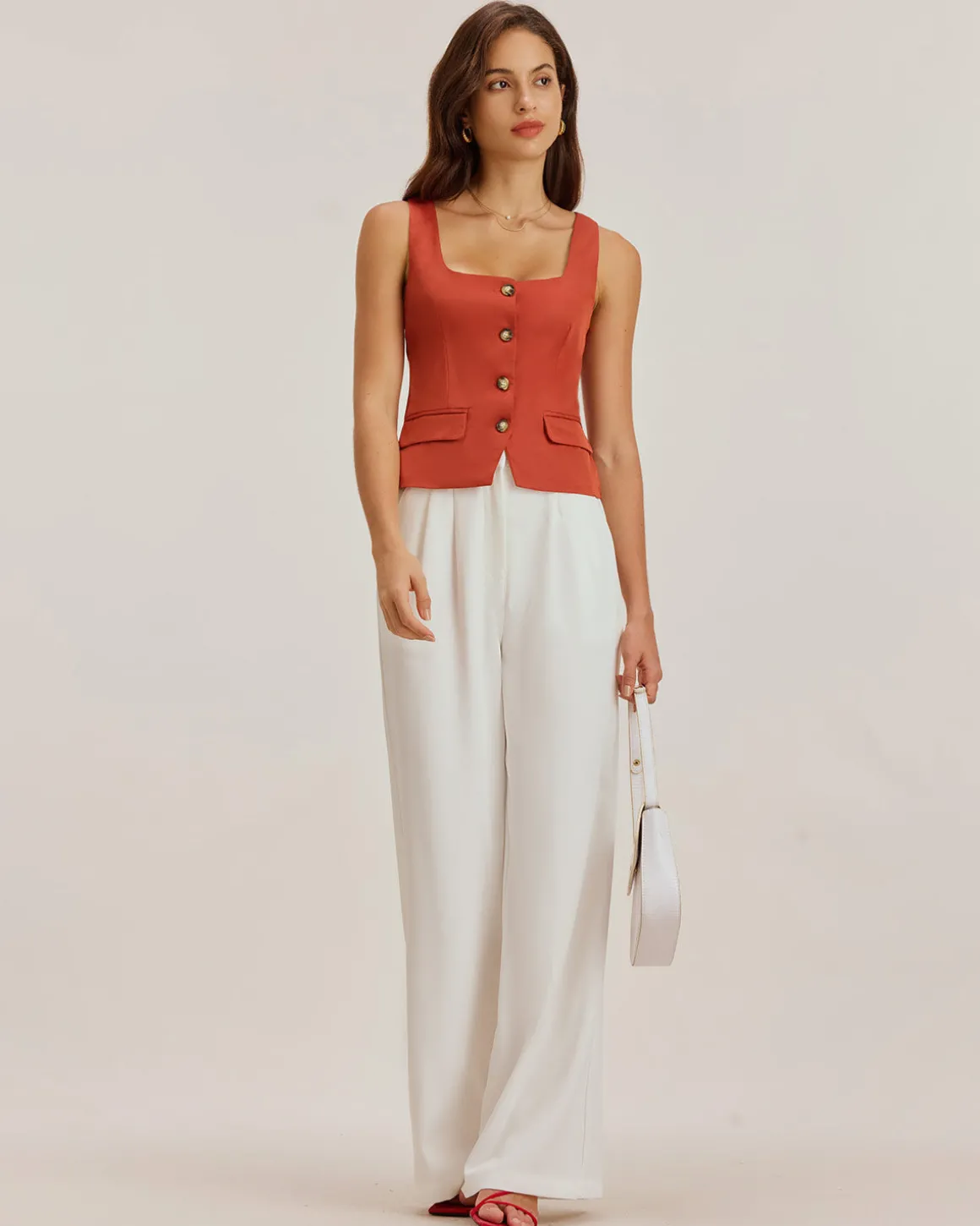 Red Square Neck Button Vest
