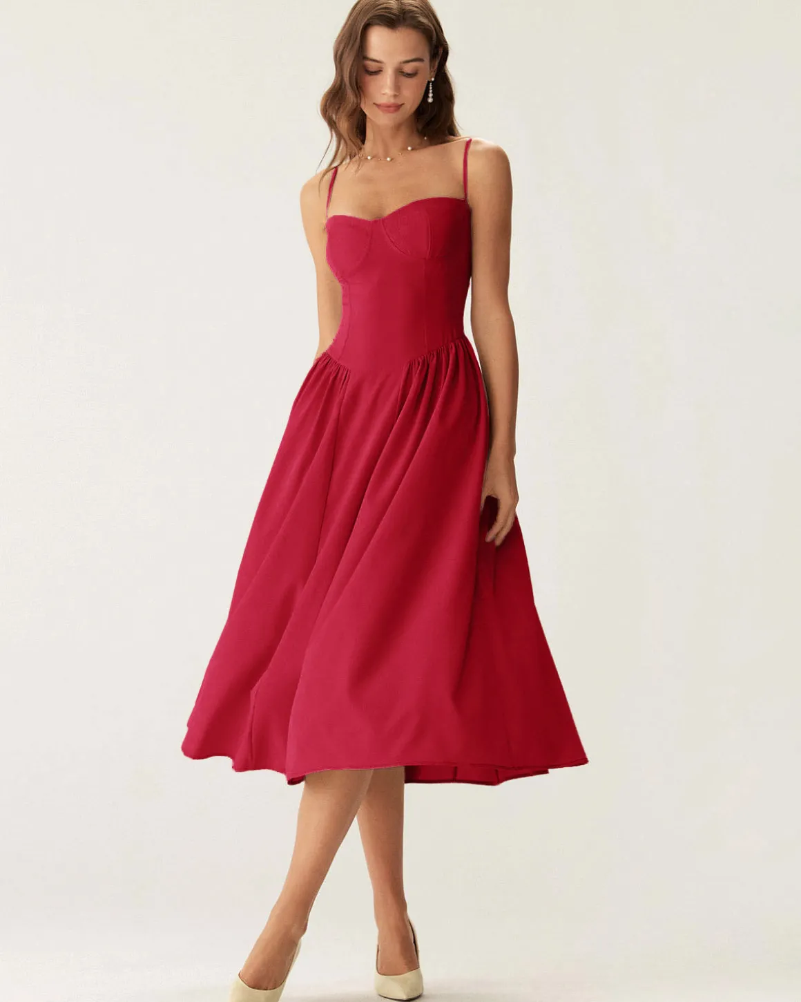 Red Square Neck Pocket Slip Midi Dress