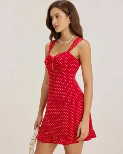 Red Sweetheart Neck Ruffle Slip Mini Dress