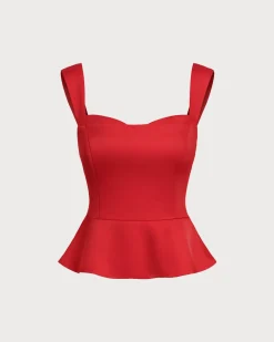 Red Sweetheart Neck Ruffle Tank Top