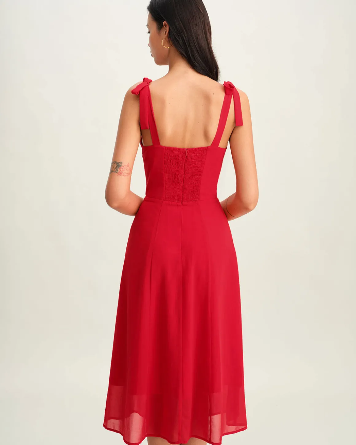 Red Sweetheart Neck Tie Strap Midi Dress