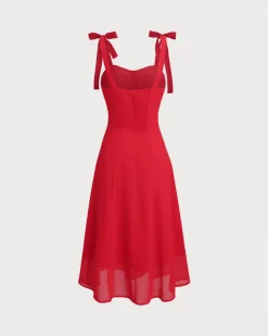Red Sweetheart Neck Tie Strap Midi Dress