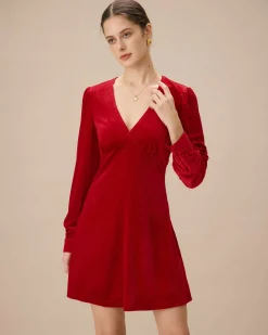 Red Velvet Puffed Sleeve A-Line Mini Dress