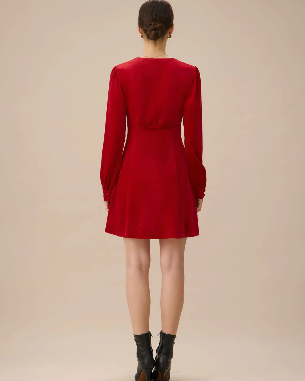Red Velvet Puffed Sleeve A-Line Mini Dress
