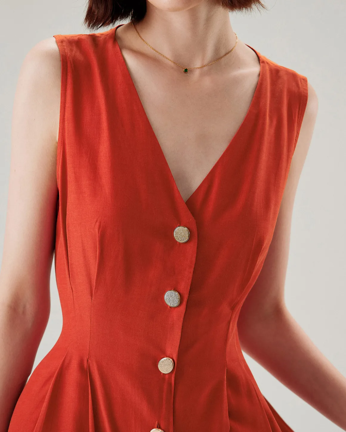 Red V-neck Button Sleeveless Midi Dress