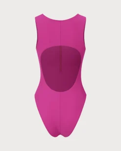 Rose Red Knit Zipper One-Piece Swimsuit