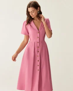 Rose Red V-Neck Button Midi Dress