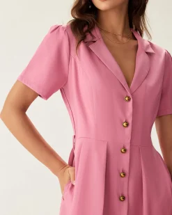 Rose Red V-Neck Button Midi Dress