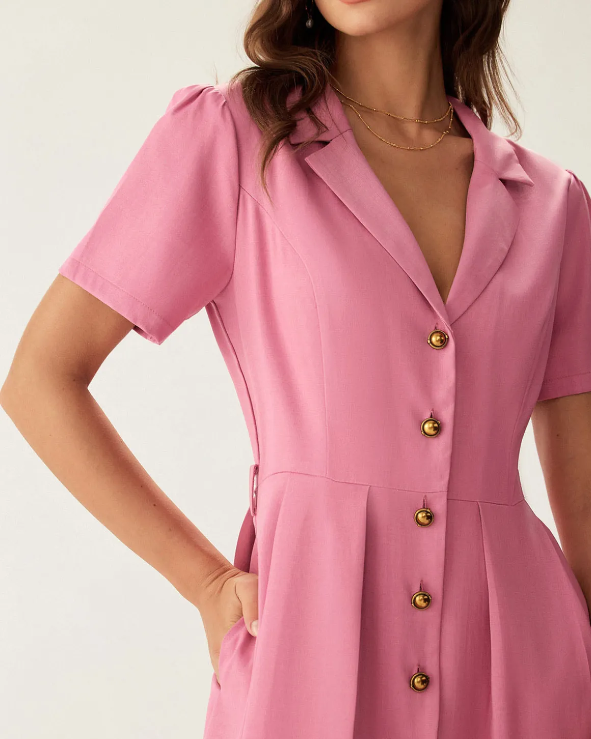 Rose Red V-Neck Button Midi Dress