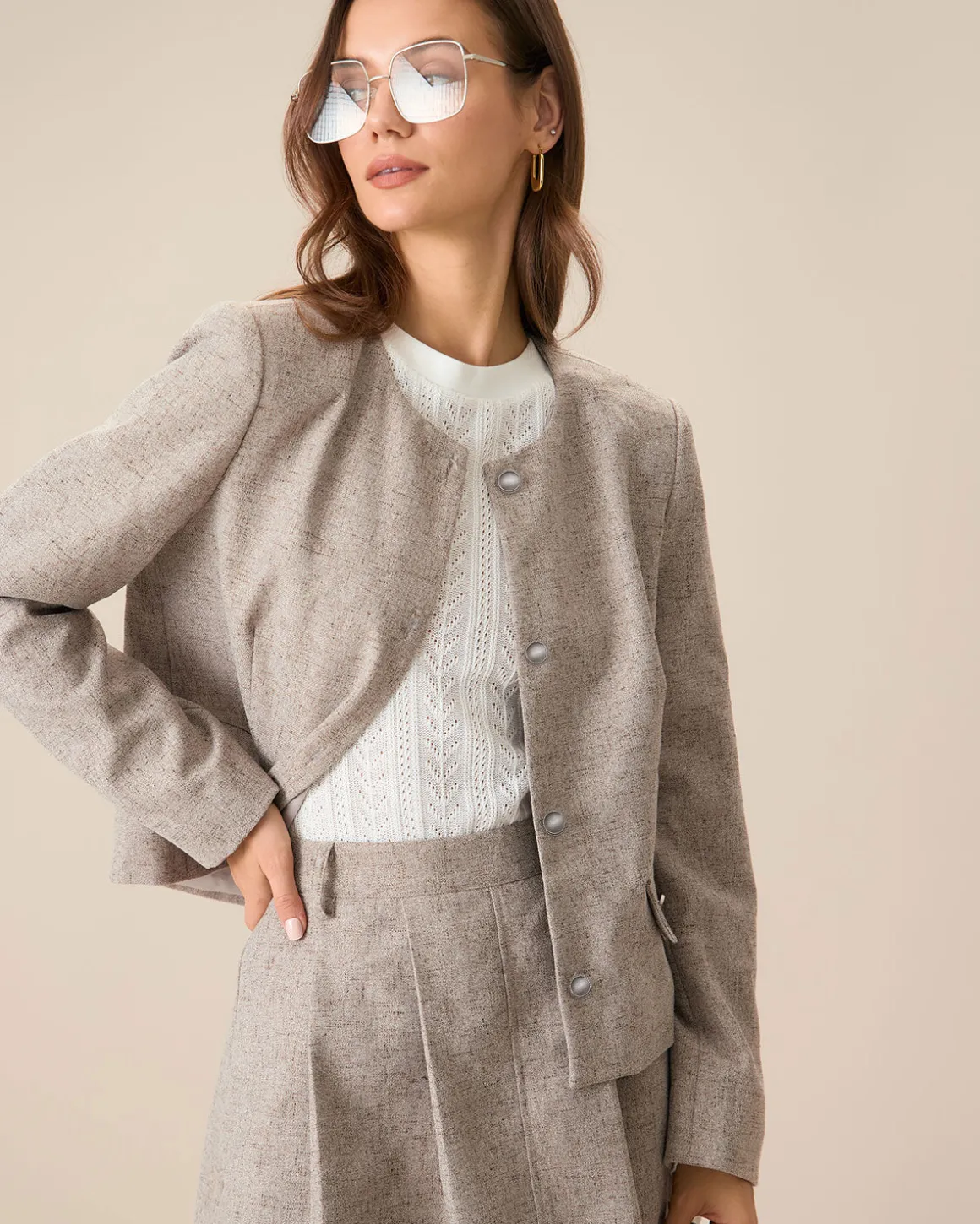 Round Neck Khaki Single-Breasted Jacket