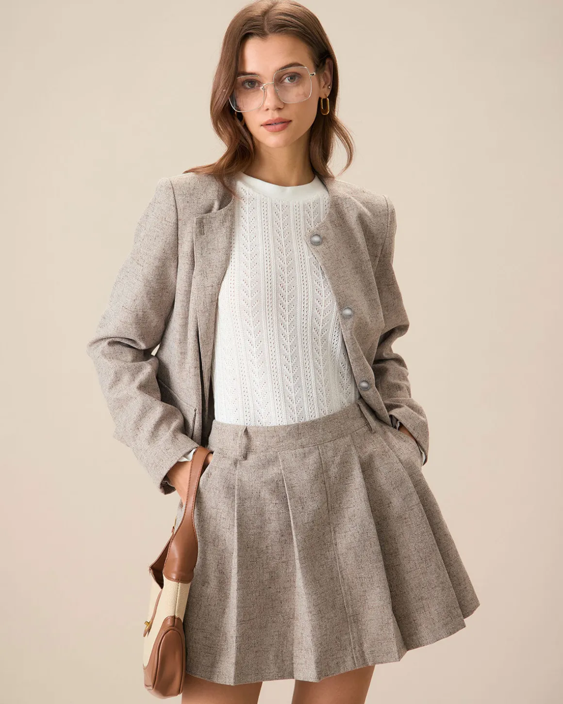 Round Neck Khaki Single-Breasted Jacket