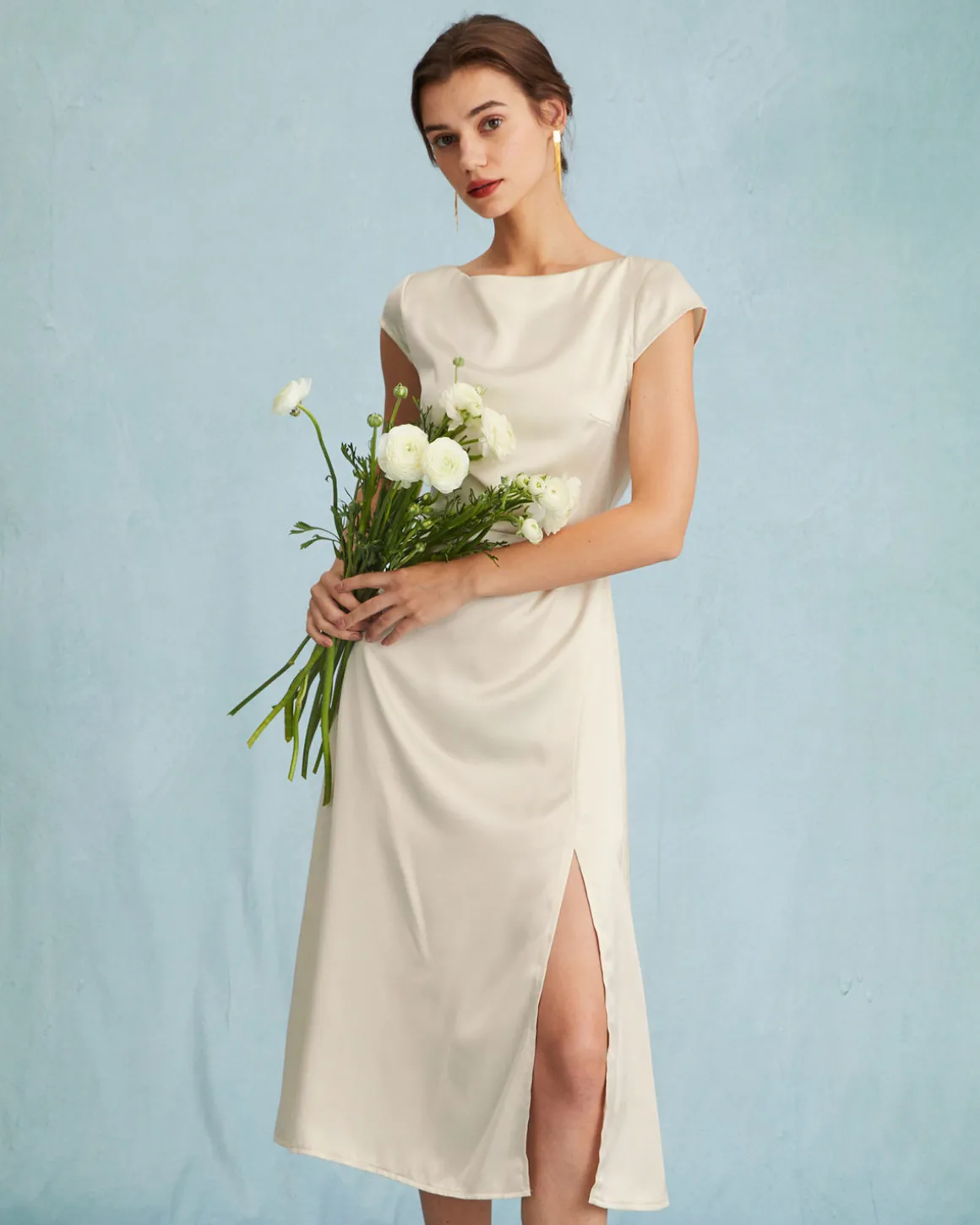 The Apricot Satin Cap Sleeve Sheath Slit Midi Dress