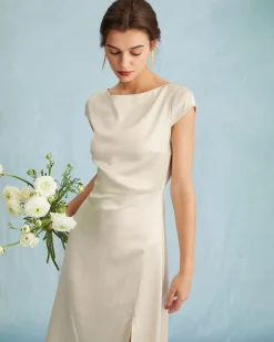 The Apricot Satin Cap Sleeve Sheath Slit Midi Dress