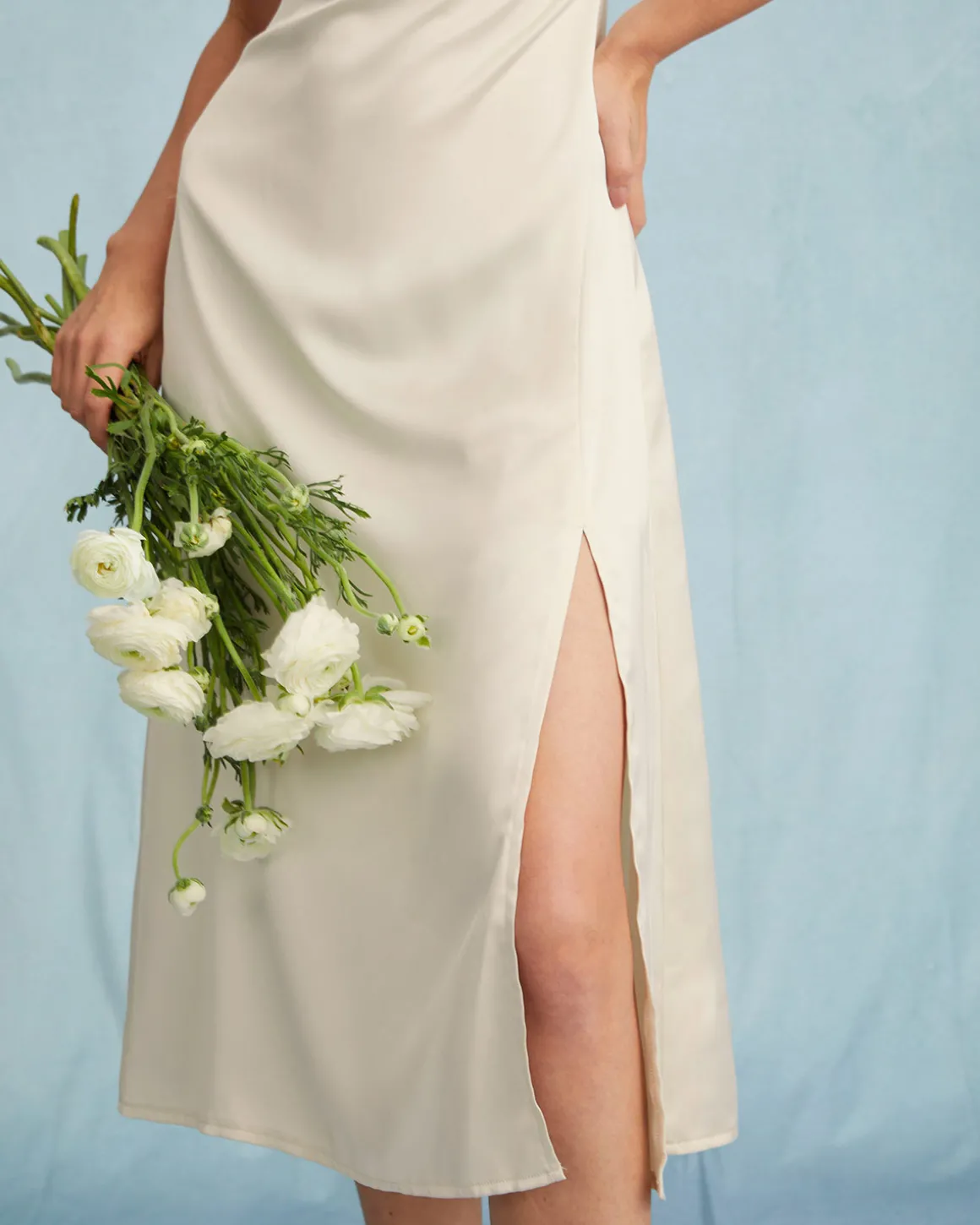 The Apricot Satin Cap Sleeve Sheath Slit Midi Dress