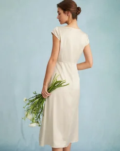 The Apricot Satin Cap Sleeve Sheath Slit Midi Dress