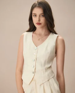 The Apricot V Neck Button-Up Linen Vest