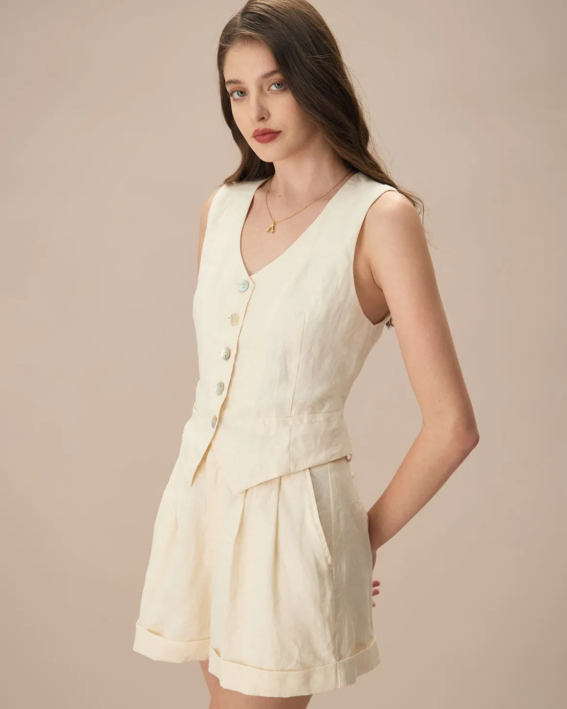 The Apricot V Neck Button-Up Linen Vest