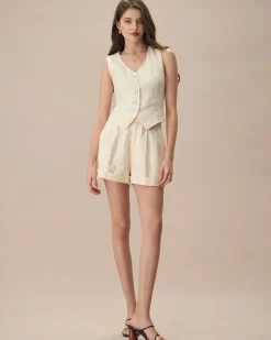 The Apricot V Neck Button-Up Linen Vest
