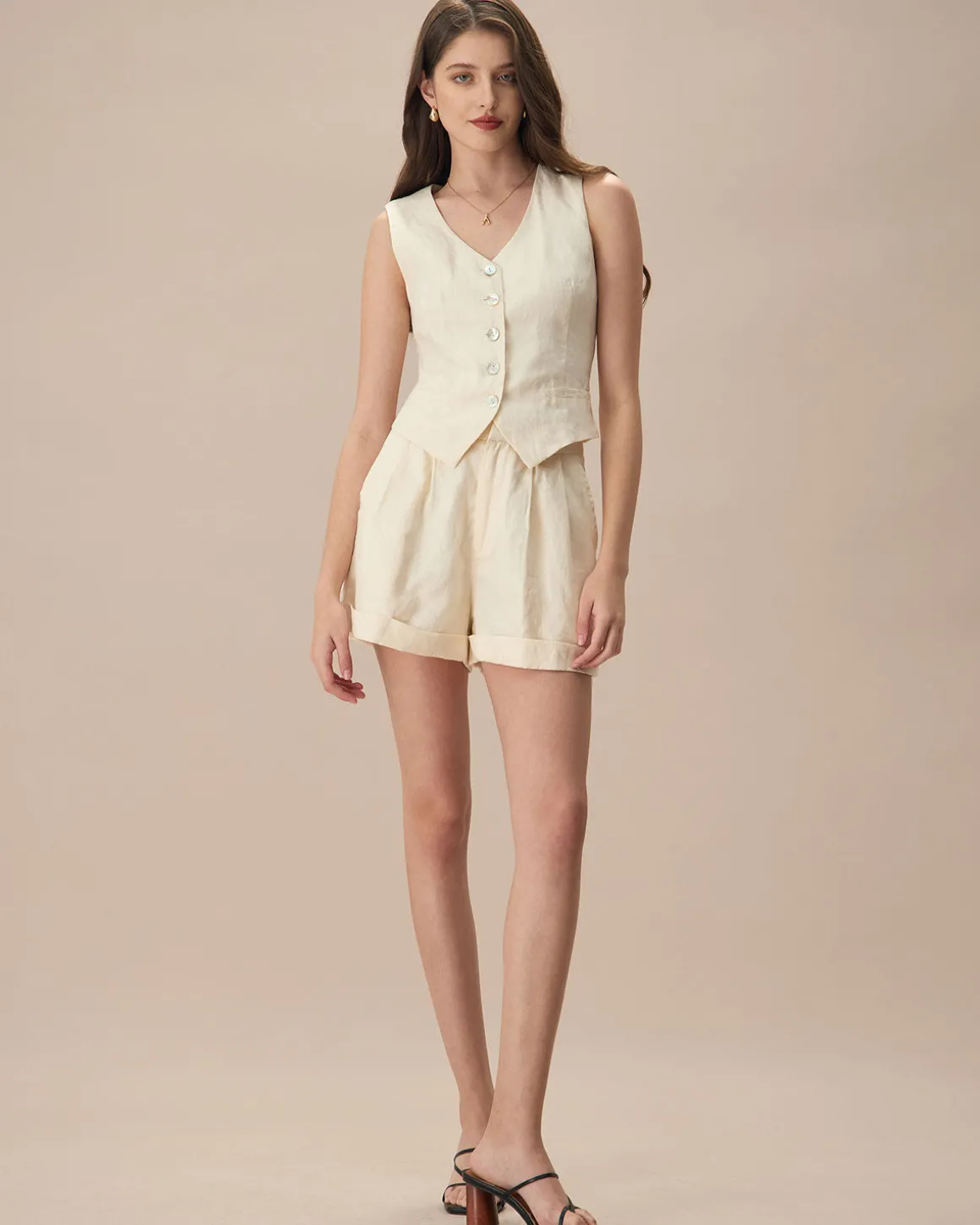The Apricot V Neck Button-Up Linen Vest
