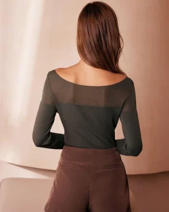 The Army Green Boat Neck Sheer Knit Top