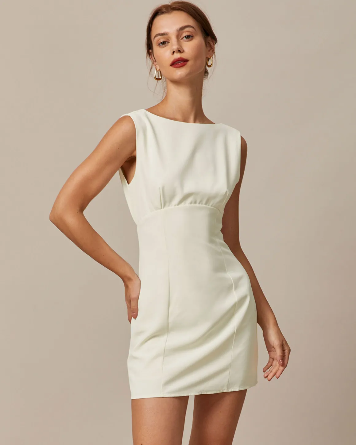 The Beige Boat Neck Back Bowknot Mini Dress