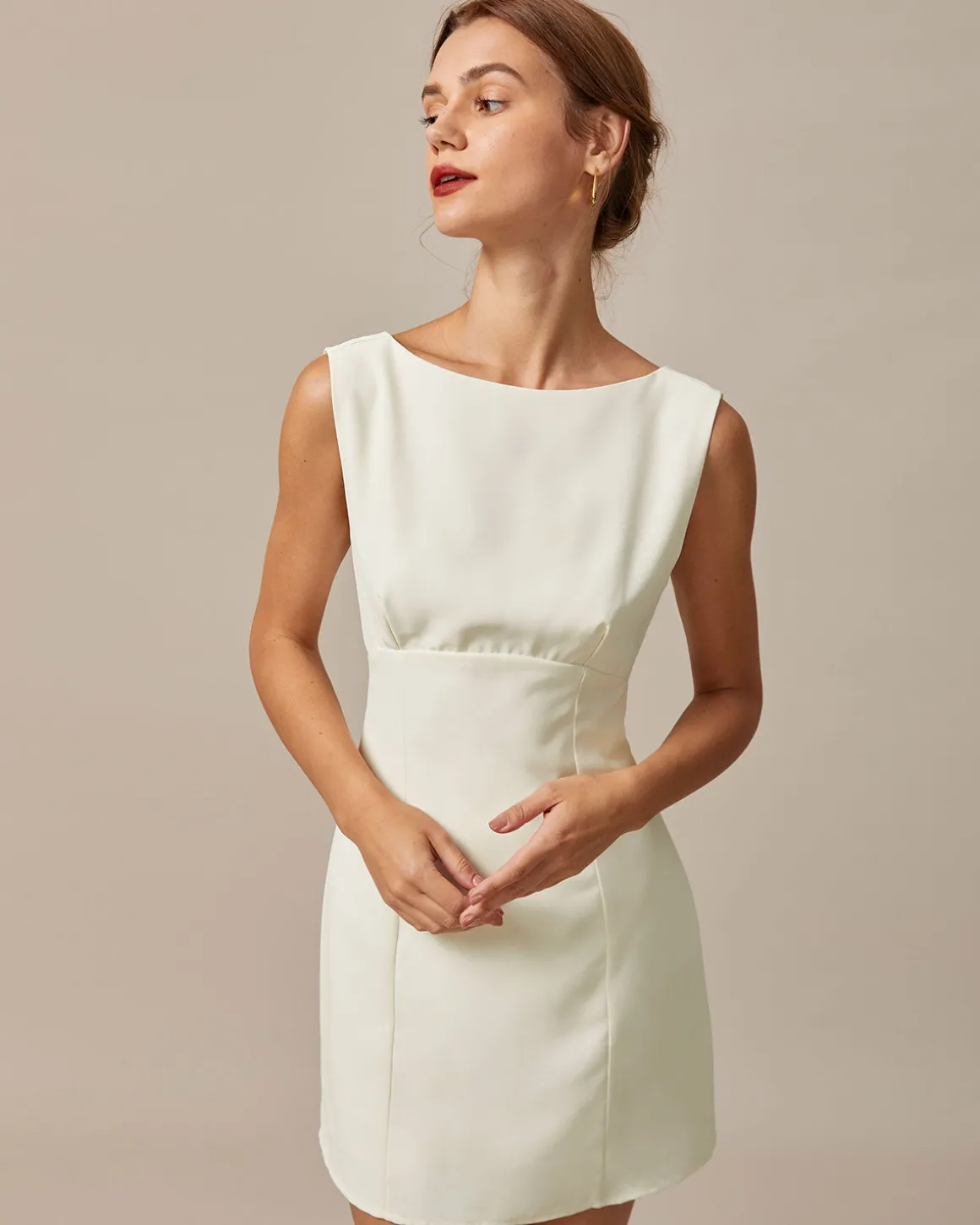 The Beige Boat Neck Back Bowknot Mini Dress