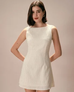 The Beige Boat Neck Textured Mini Dress