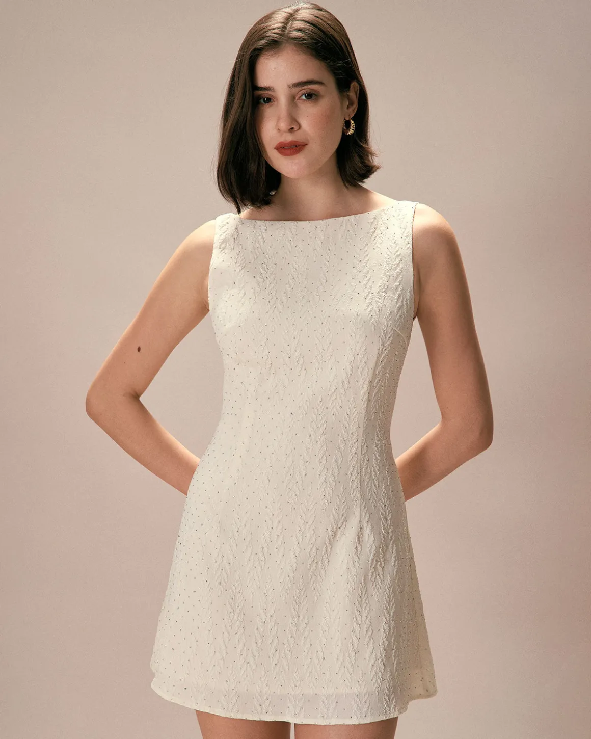 The Beige Boat Neck Textured Mini Dress