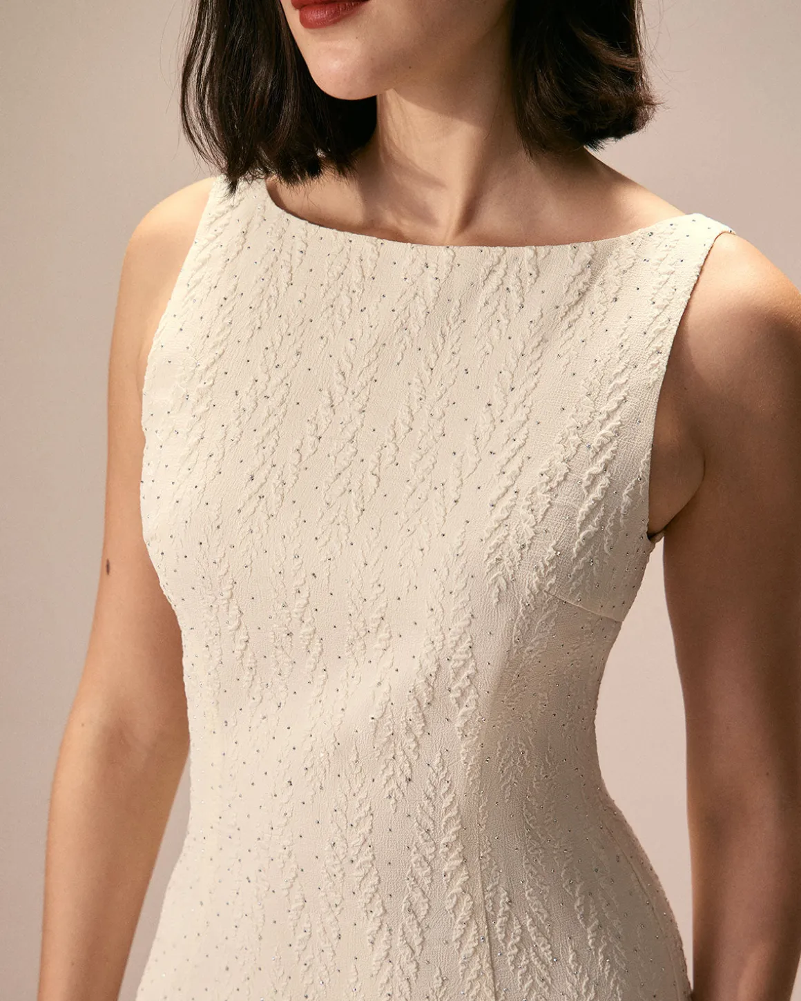 The Beige Boat Neck Textured Mini Dress