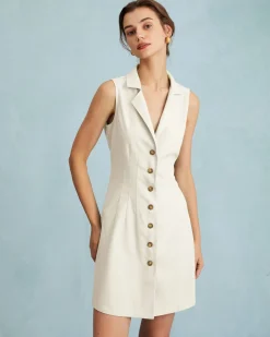 The Beige Lapel Button-up Sleeveless Mini Dress
