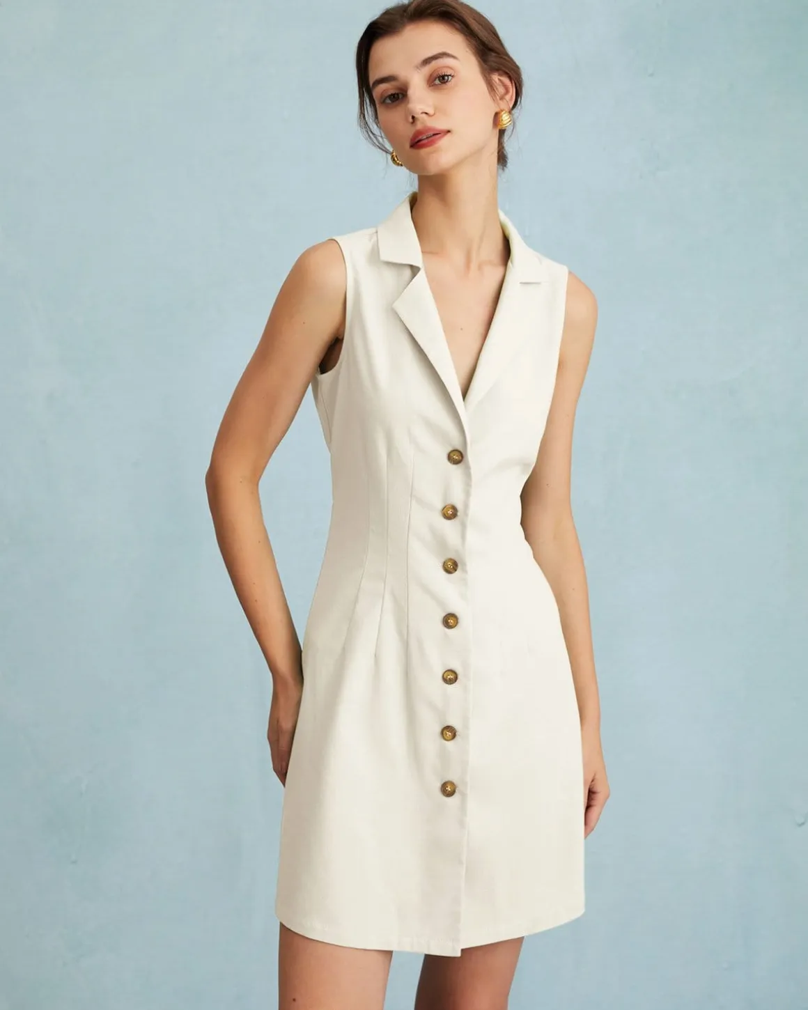 The Beige Lapel Button-up Sleeveless Mini Dress