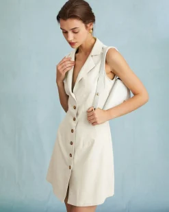 The Beige Lapel Button-up Sleeveless Mini Dress