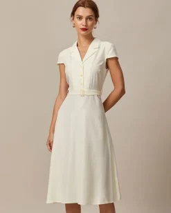 The Beige Lapel Cap Sleeve Shirt Midi Dress