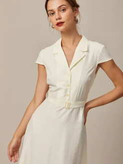 The Beige Lapel Cap Sleeve Shirt Midi Dress