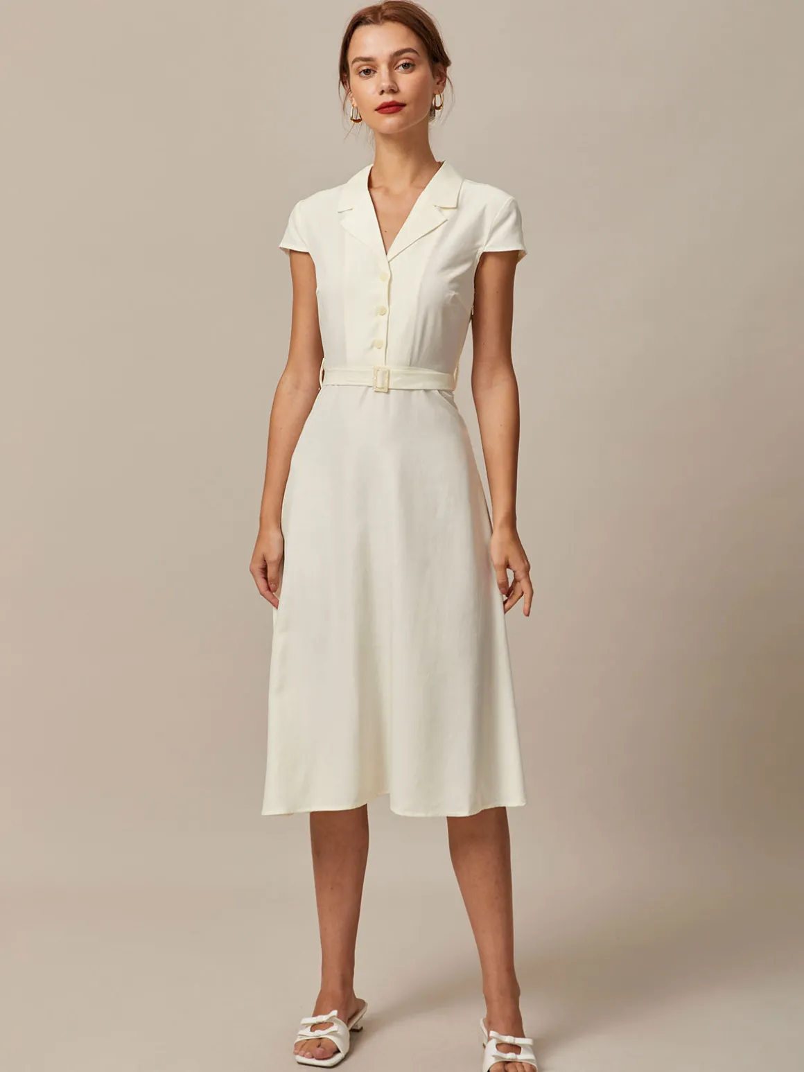 The Beige Lapel Cap Sleeve Shirt Midi Dress