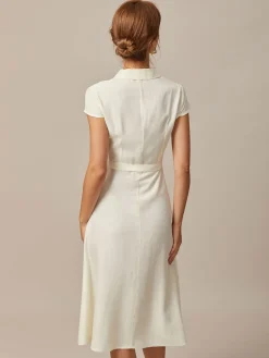 The Beige Lapel Cap Sleeve Shirt Midi Dress