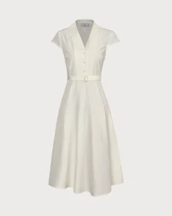 The Beige Lapel Cap Sleeve Shirt Midi Dress