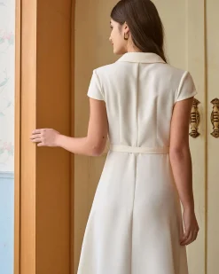 The Beige Lapel Cap Sleeve Shirt Midi Dress
