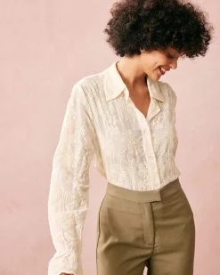 The Beige Lapel Embroidery Long Sleeve Blouse
